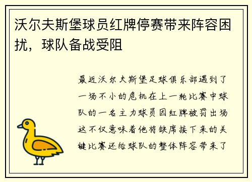 沃尔夫斯堡球员红牌停赛带来阵容困扰，球队备战受阻